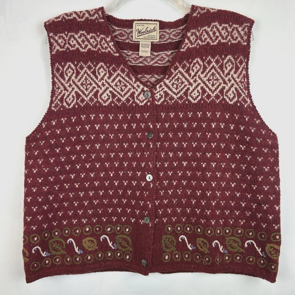 Woolrich Cardigan Sweater Vest Womens Medium Red Wool Button Embroidered Classic